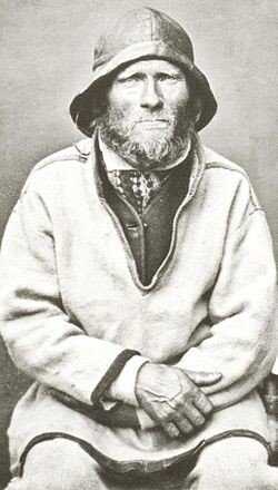 Sea Sami Ivar Samuelsen from Finnmark in 1884. He typically wears a suit used by the Sea Sami